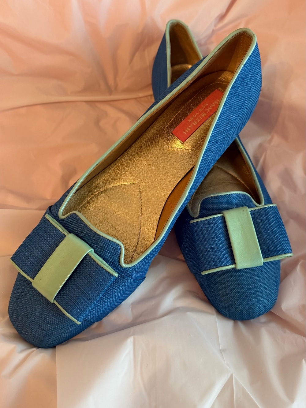 Isaac Mizrahi Blue Flats with Mint Trim and Bow Accent